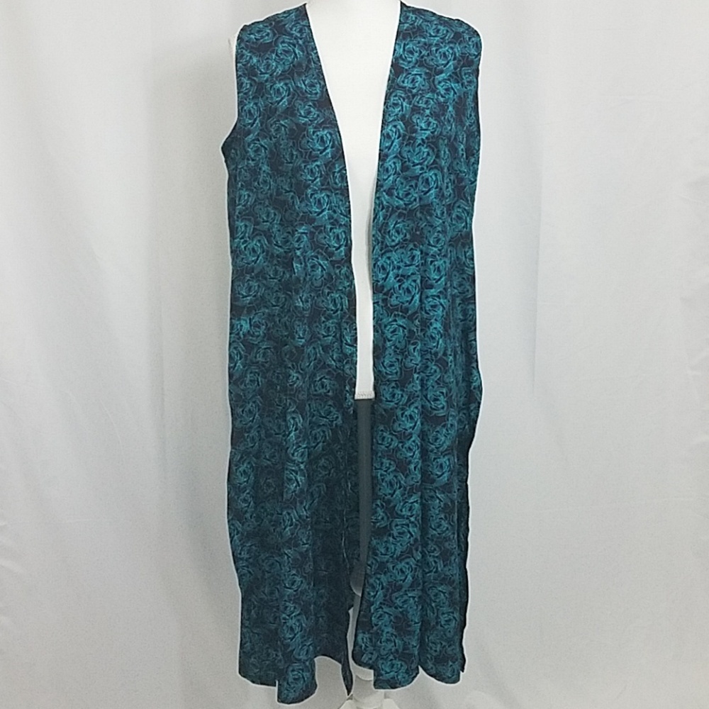 LulaRoe Joy Silky Blue and Black Rose DusterVest M
